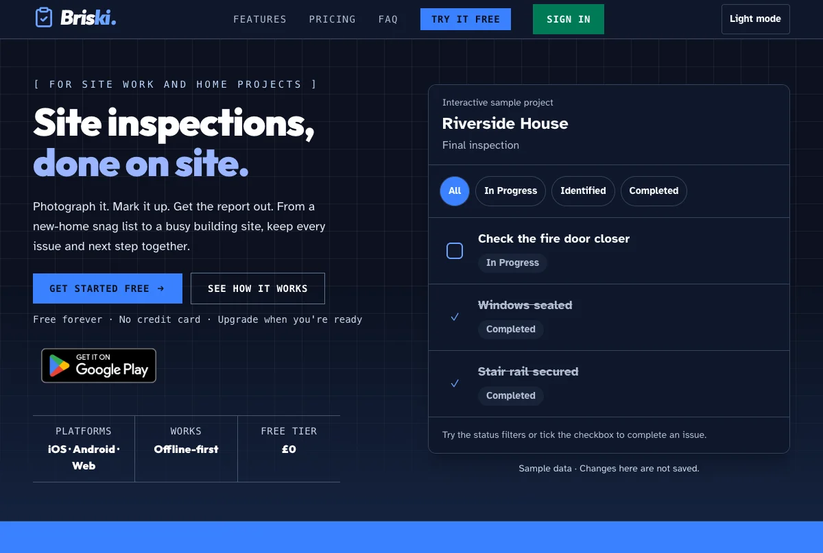 Briski’s site inspection homepage, with a sample project and issue tracking
