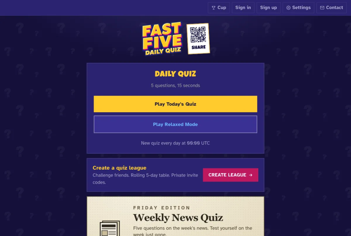The Fast Five daily quiz homepage