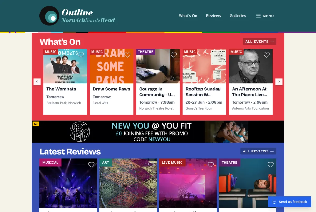 The Outline Norwich homepage, showing What's On event listings